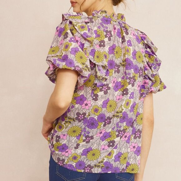 NWT Entro Floral print v-neck puff sleeve top -Size XL - Picture 3 of 5